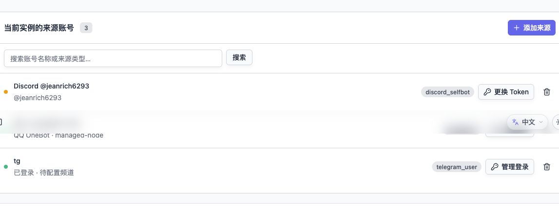 Telegram 来源接入：填写账号备注和手机号，由本人完成登录验证。